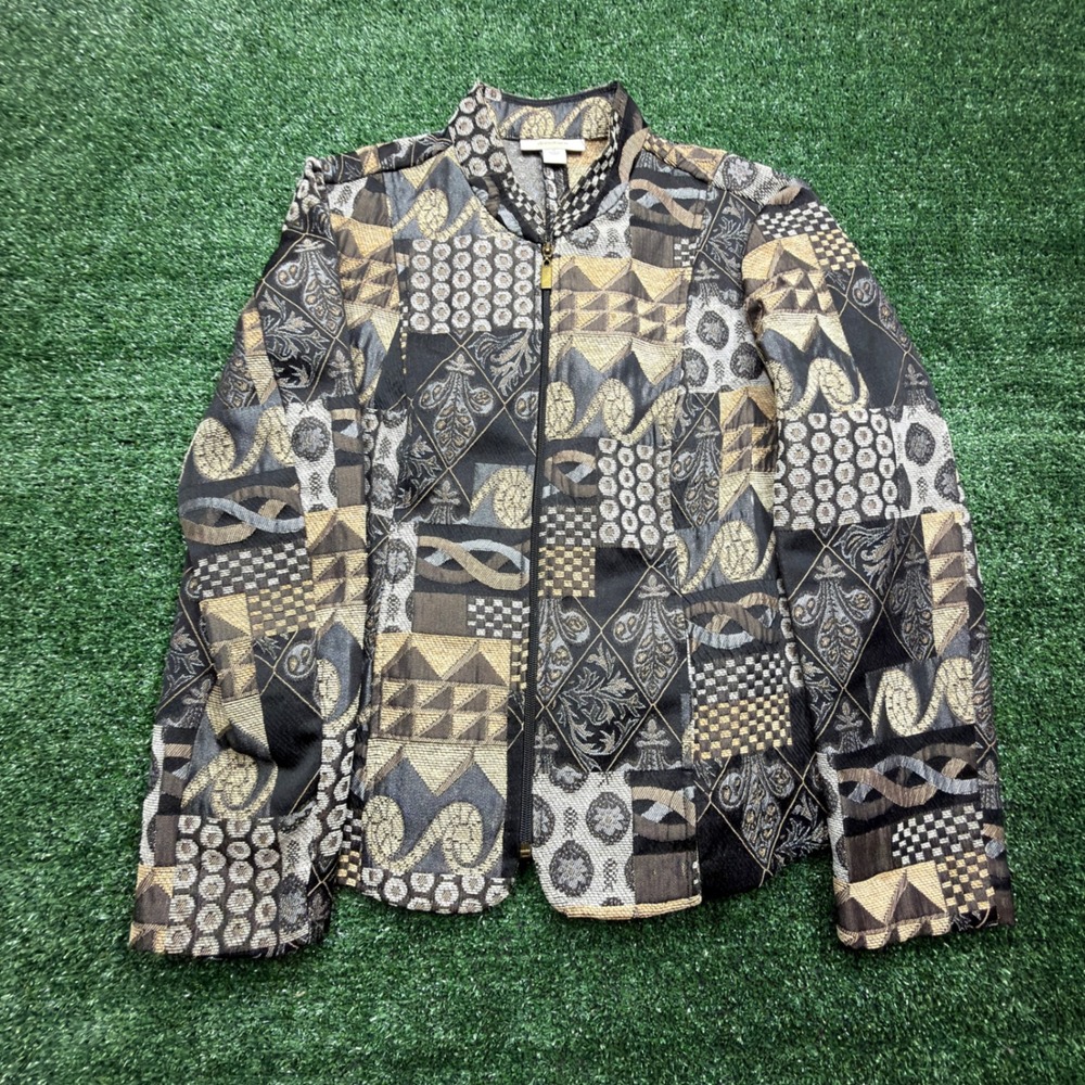 VTG style Dressbarn Mens Patchwork Tapestry Zip Front Jacket Black Gold Silver M
